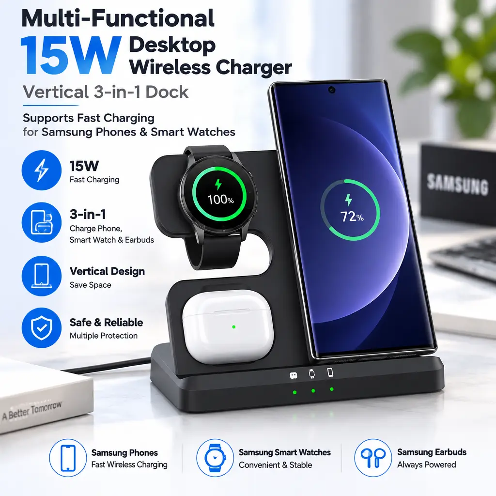 Desktop 15W Wireless Charging Station, Vertical 3-in-1 Dock, Fast Charger for Samsung Phones and Smart Watches