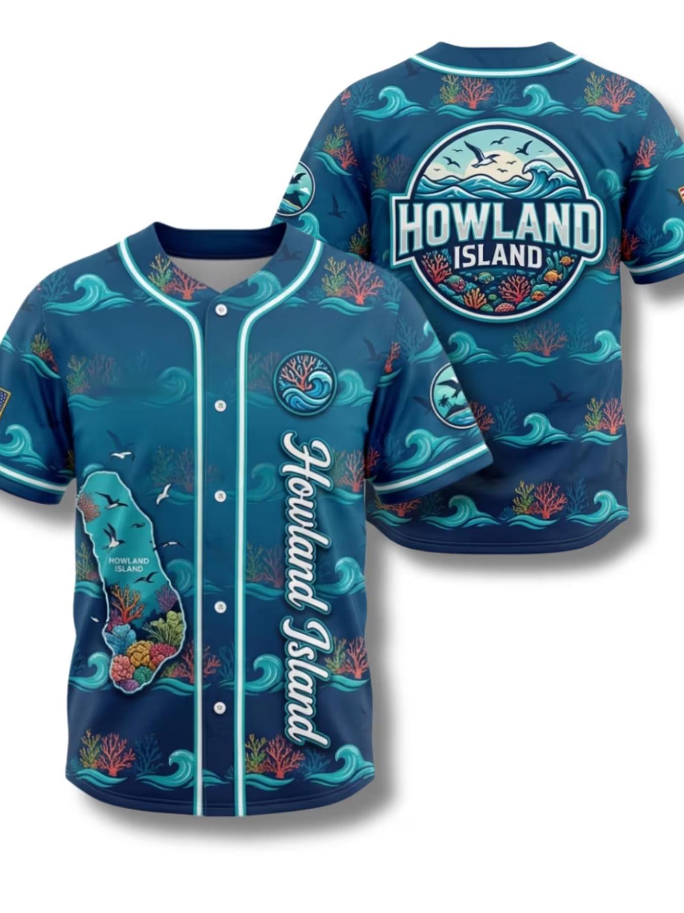 Unisex Casual Baseball Shirt, Jarvis Island Tropical Sports Tee, Baker Island Coral Reef Print, Button Front Short Sleeve, Loose Fit