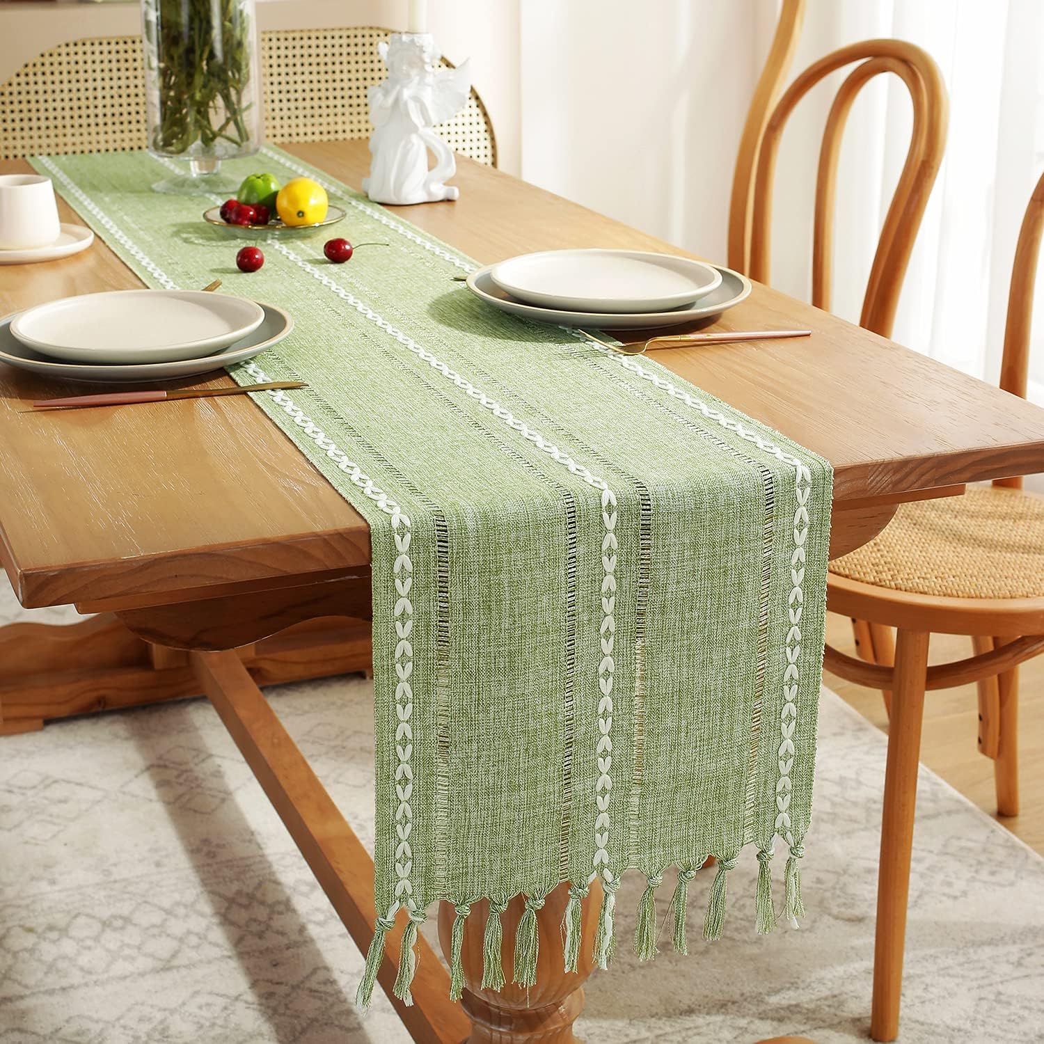 Rustic Farmhouse Style Linen Table Runner, Boho Handmade Tassel Embroidered, 48 Inches Long, Holiday Party, Christmas, Dining Decorations