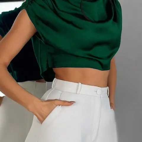 Women's Plain Satin Crop Short Button Front Blouse Shirts, Casual Mock Neck Button Closure Top for Summer, Women's Clothing for Daily Wear