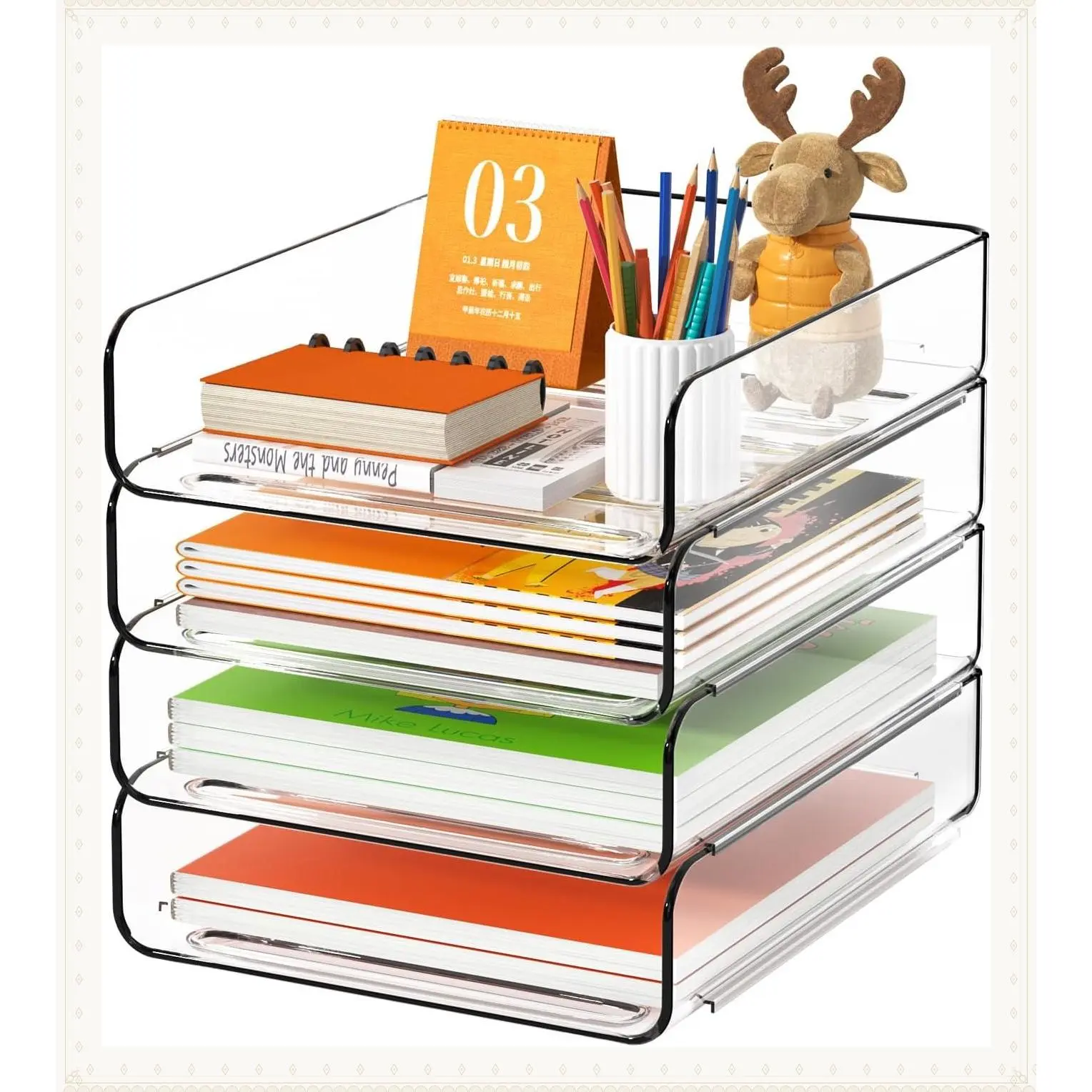 4-Tier Clear Acrylic Paper Tray Organizer, Stackable Desk File Sorter for A4 Documents, Letters, Books, Notes, Mail, Office Classroom HomeGift