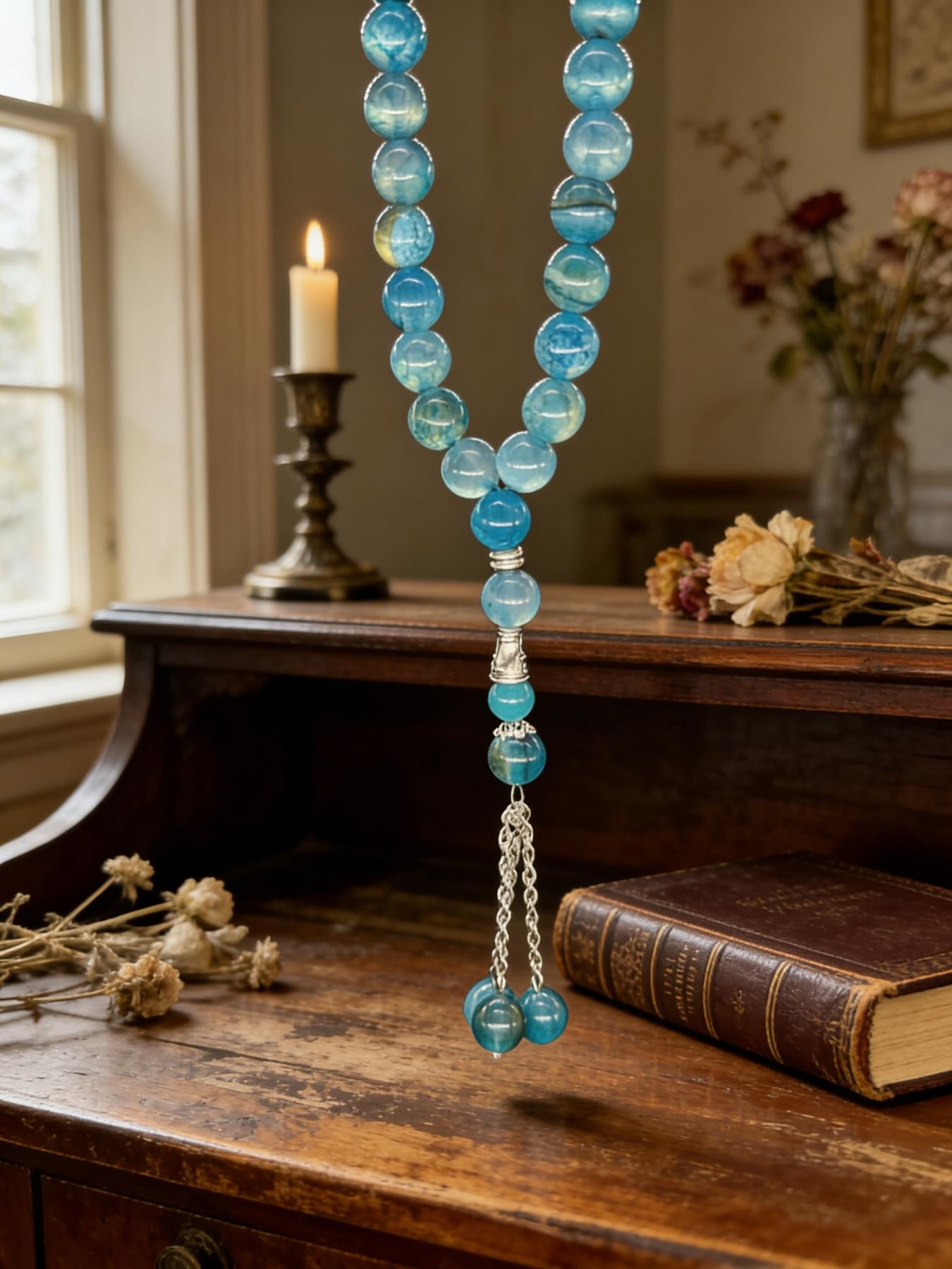 Blue Dragon Pattern Agate Bead Bracelet, Vintage Tibetan Buddhist Jewelry, Lucky Charm Accessory, Perfect Gift for Couples and Friends