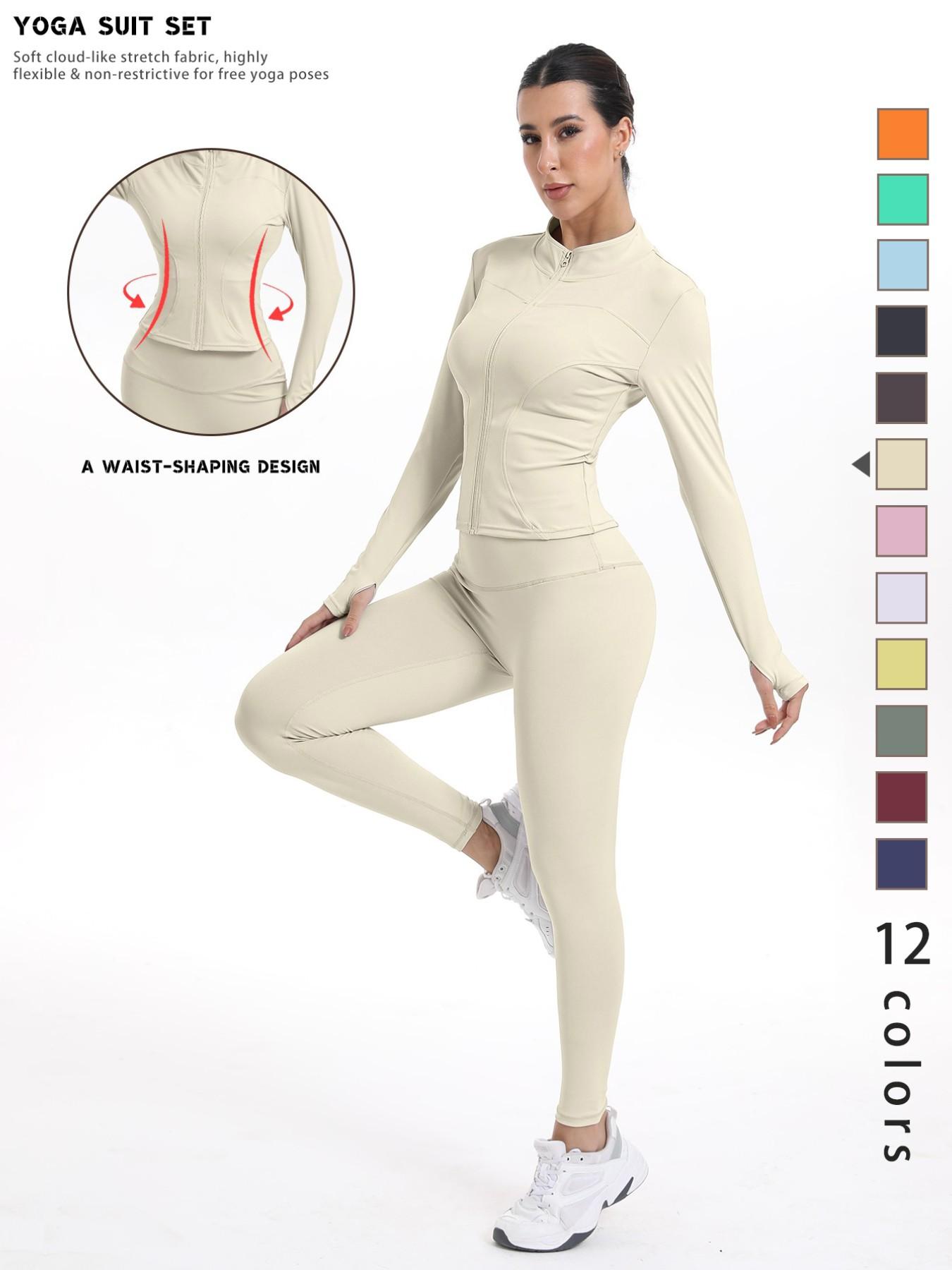 Women's Sporty Quick-Dry Two-Piece Set, New Fashion Slim Fit Yoga Pants, High Elasticity Long Sleeve Top, 12 Colors Available