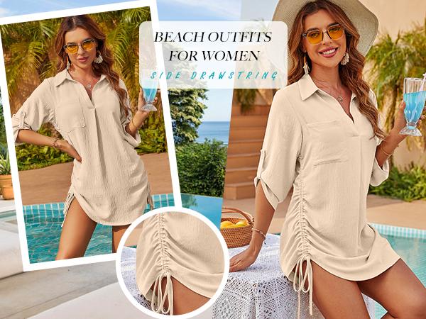 Blooming Jelly Womens Bathing Suit Cover Ups Bikini Swimsuit Coverup Drawstring Beach Dress Shirt White wendy dress yellow dress