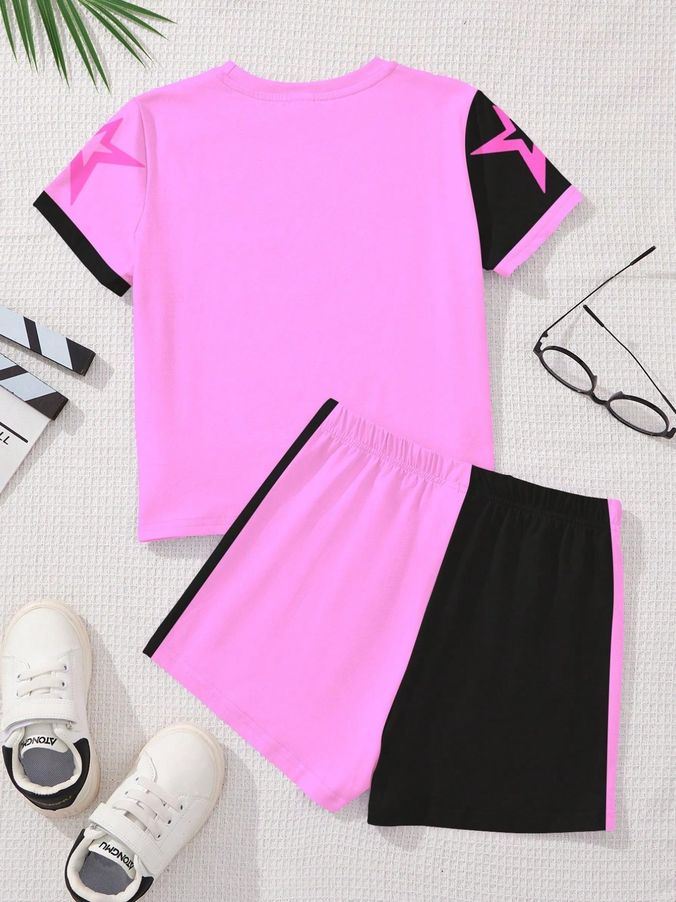 Spring Summer Fashion Kpop Anime Girl Patchwork Print Set, Girls Short Sleeve T-Shirt and Shorts 2 Piece Set, Soft Comfortable Fabric