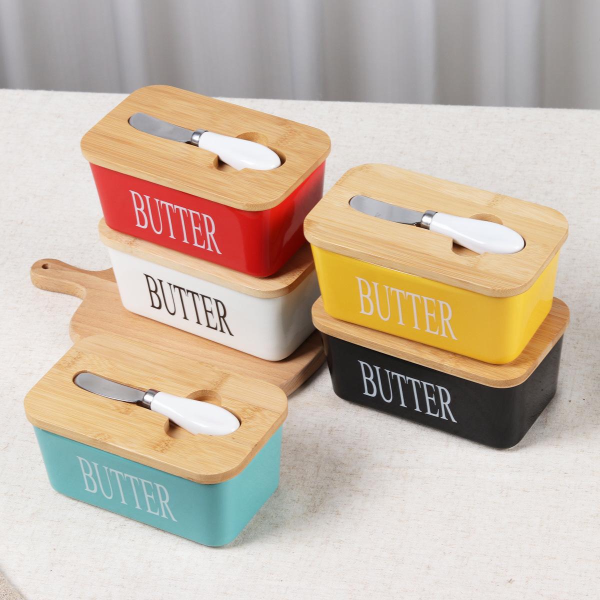 Ceramic Butter Dish with Knife, Rectangular Cheese Container with Wooden Lid, Ceramic Butter Box for Kitchen Use