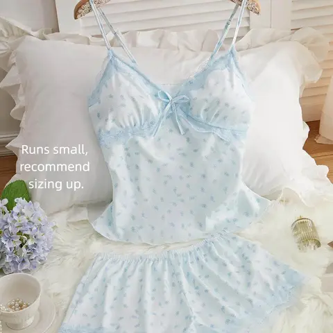 Women's Ditsy Floral Print Contrast Lace Woven Pyjama Two-Piece Set, Chic Comfy Casual Bow Decor Cami Top & Elastic Waist Shorts PJ Set, Women's Sleepwear for All Seasons, Loungewear