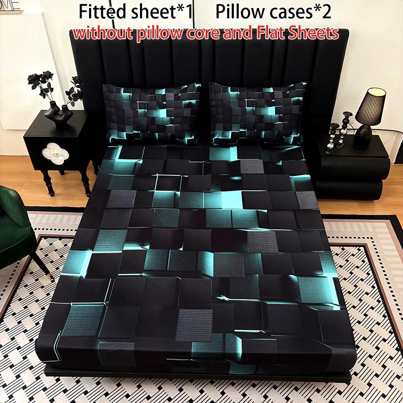 [Weekly Deals] 3-piece multi-pattern fitted sheet set (fitted sheet*1 +Pillow cases*2),deep pocket 15 inches machine washable,low allergenic,high quality mattress protector for bedrooms,dorm rooms,HD printed all-season room decoration Reversible summervib