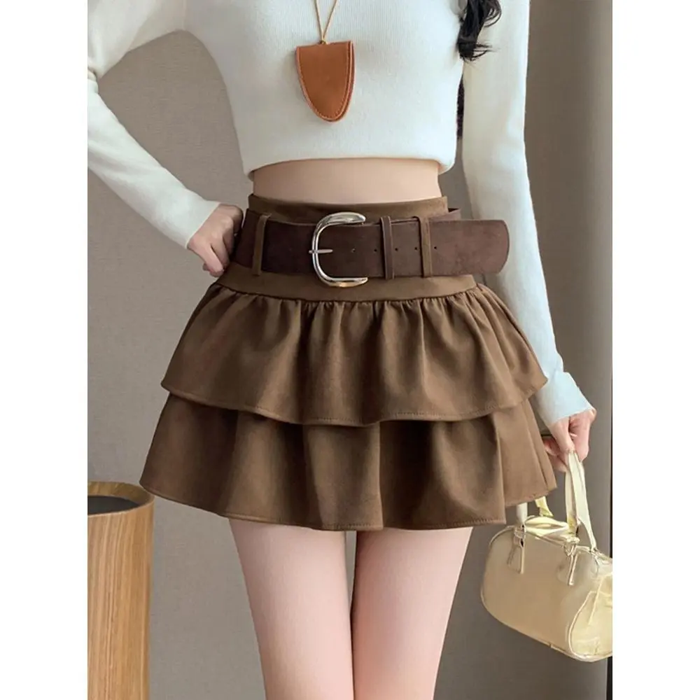 Tiered Ruffled Mini Skirt with Belt Built-in Shorts Thick Wool High Waisted Short Skirt Women Teen-girl Autumn Winter Y2K Outfit