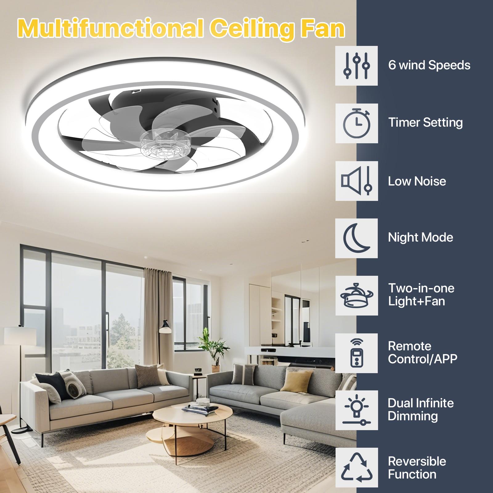 GALENTAL Black Modern LED Ceiling Fan with Light & Remote - 6-Speed, 3 Color Temperatures (Warm White/Nature White/Pure White), Dimmable Brightness, Timer Function, App & Remote Control, Flush Mount Design for Bedroom or Living Room