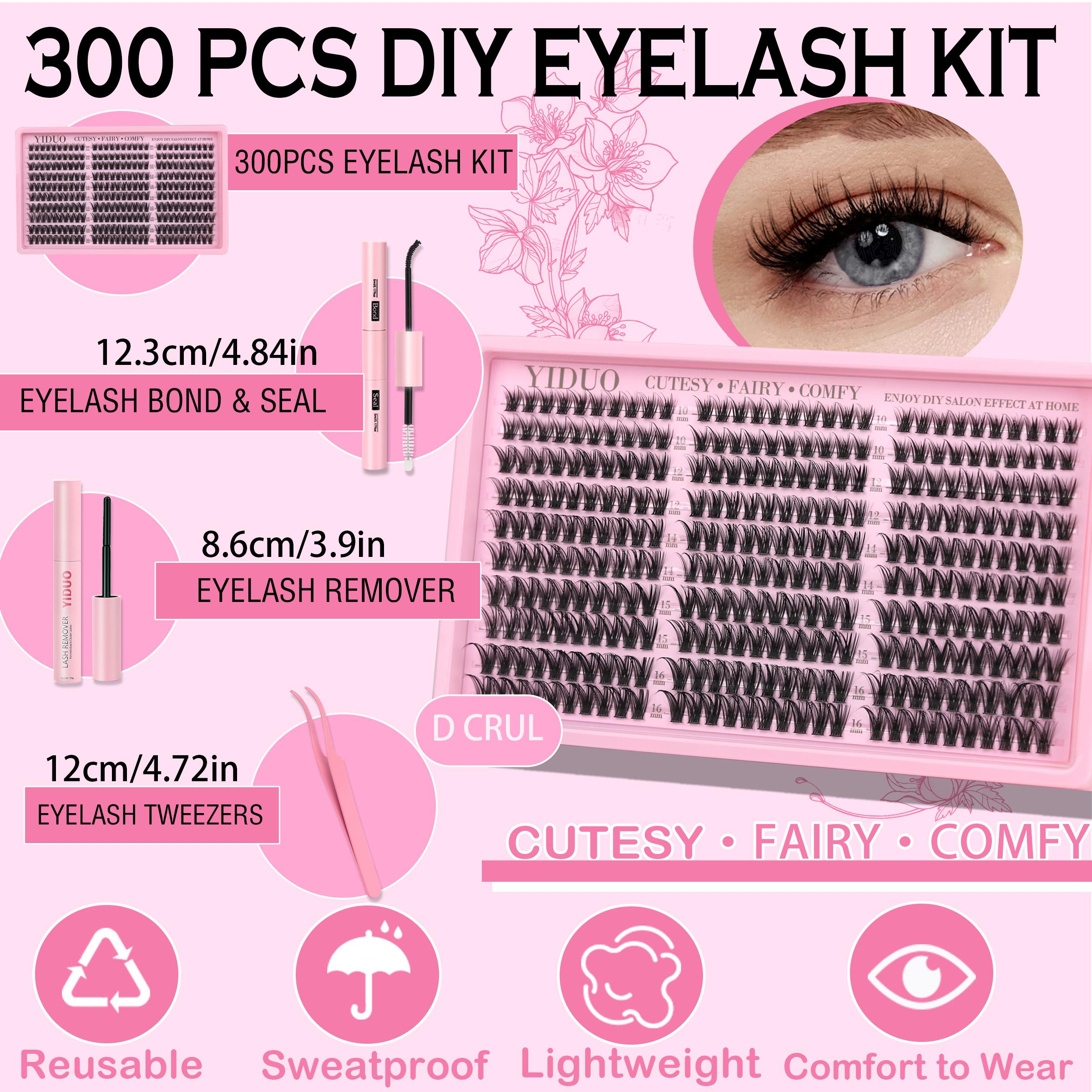 YIDUO Lash Cluster Kit, Wispy, Diy Eyelashes Kit, DIY Eyelash Extension Kit, 10-16mm Lash Extension Kit, 300 pcs, C-Curl Lash Clusters, with Lash Bond and Seal, Lash Remover, Lash Tweezers for DIY Application