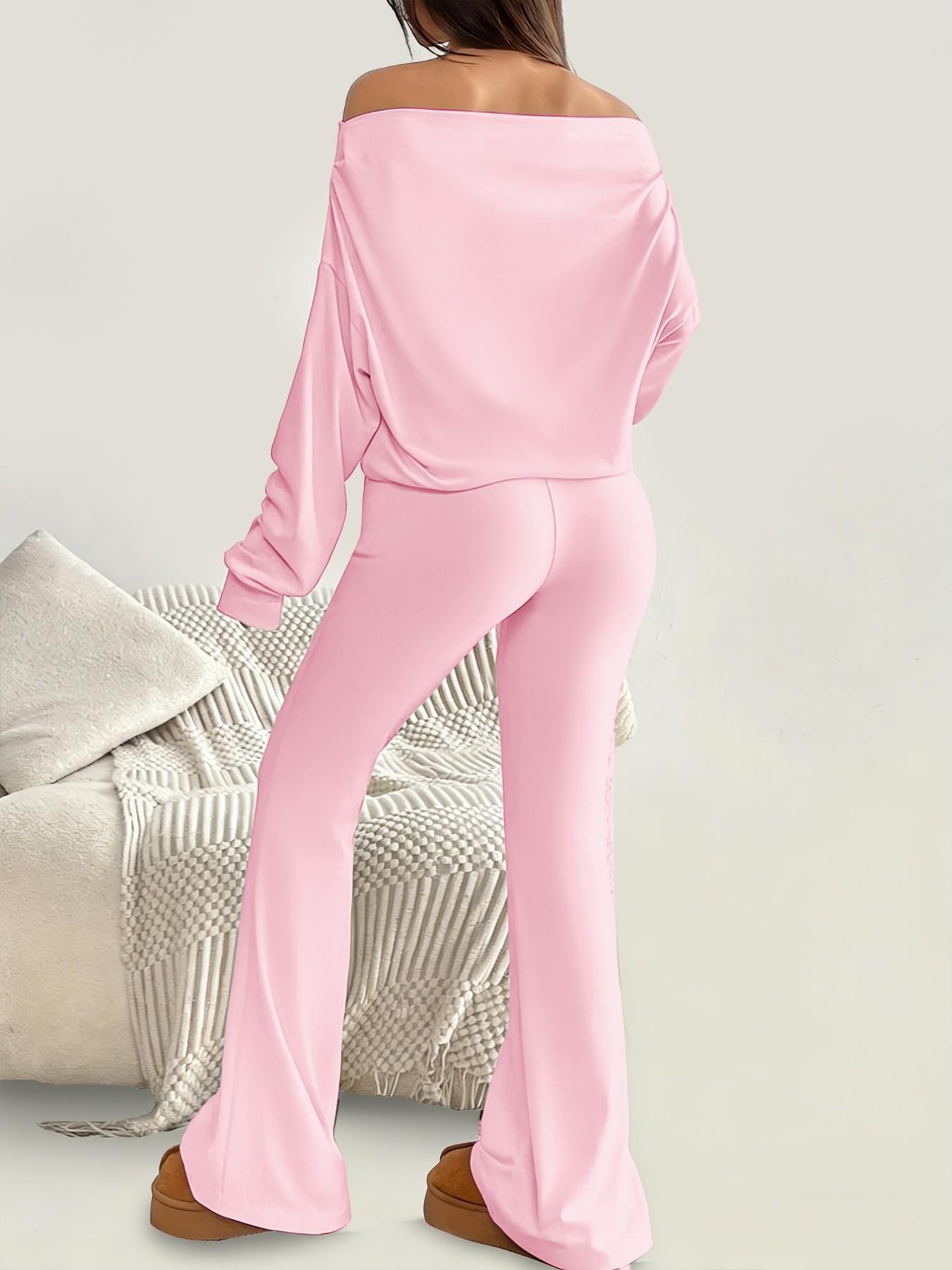 One Shoulder Long Sleeve Loose Crop Top and High Waisted Drawstring Skinny Vintage Bell Bottoms, Yoga Fitness Workout Gym Clothing, Fall & Winter