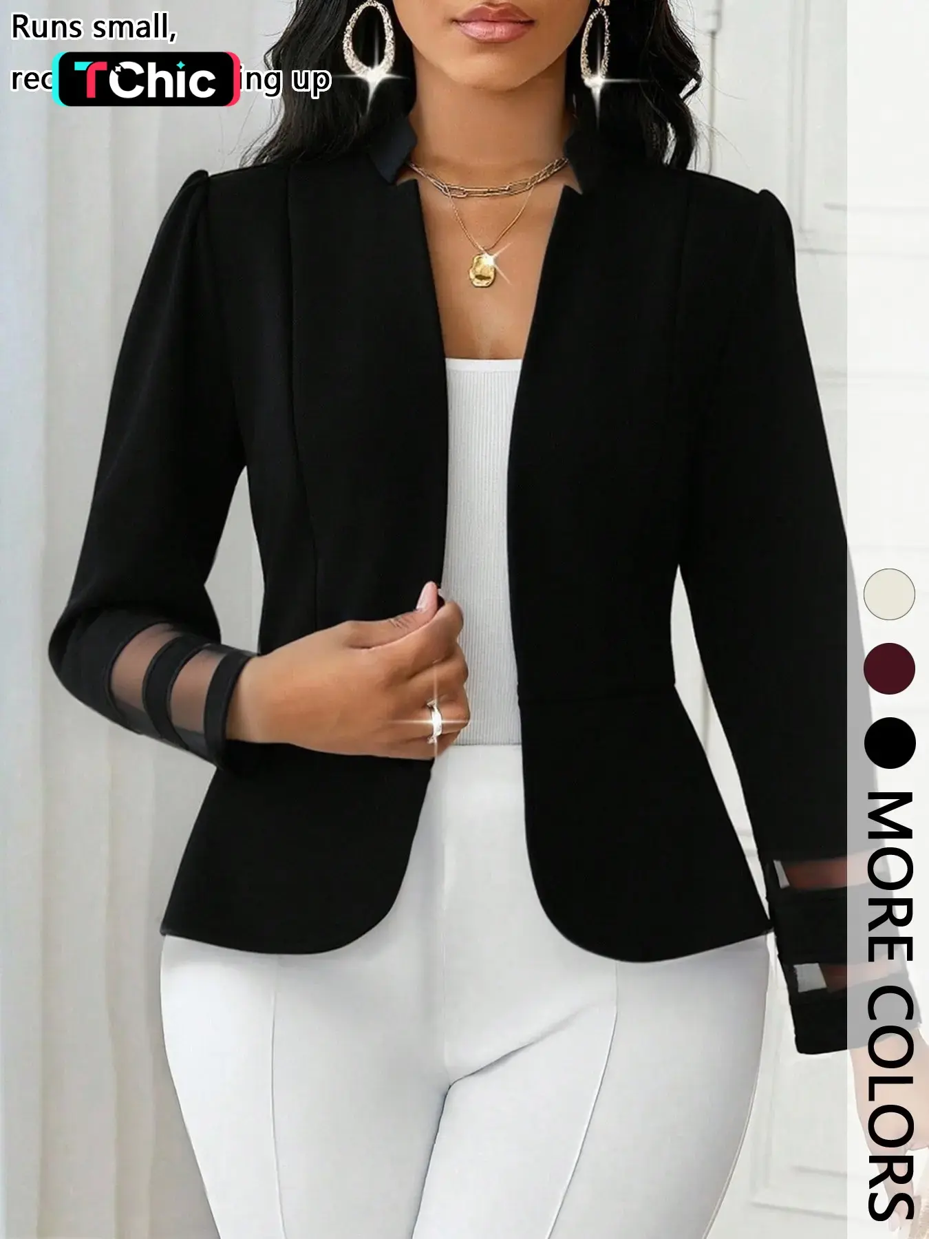 【Black Friday】Elegant Women’s Open-Front Blazer Jacket with Puff Sleeves and Sheer Panel Cuffs, Tailored Fit Dressy Office Workwear Outerwear for Business Casual and Party