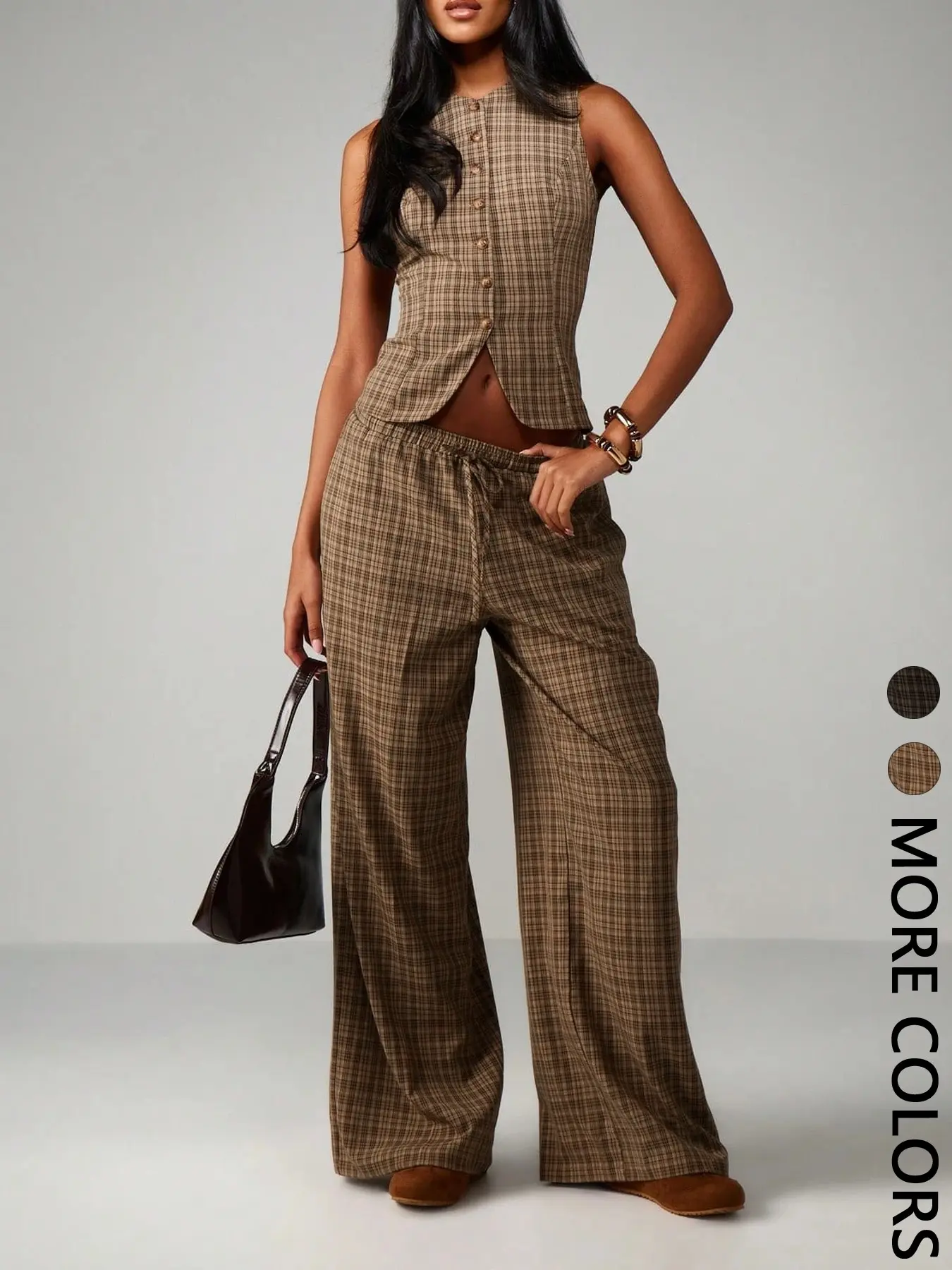Women's Vintage Plaid Two-Piece Set, Round Neck Sleeveless Front Button Slim Fit Vest, Elastic Waist Wide Leg Pants, Millennial Retro Style