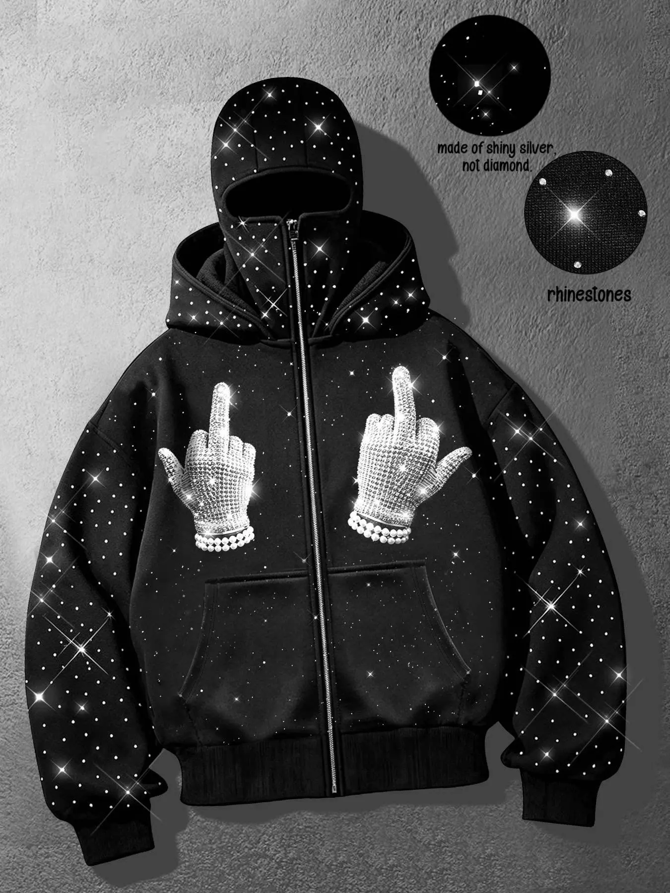 Y2K Hip-Hop Techwear Men's Double-Hooded Zip-Up Casual Jacket – Featuring an all-over silver rhinestone "starlight" motif and diamond-glove graphic; designed with a distinctive double-hood, loose fit, and trendy streetwear style suitable for couples.