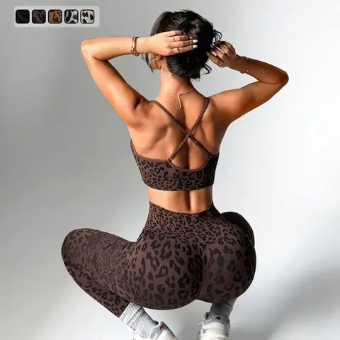 【Black Friday】Women's Leopard Print Two-Piece Set, Sporty Adjustable Straps Backless Top and High Waist Leggings, Yoga & Fitness Wear