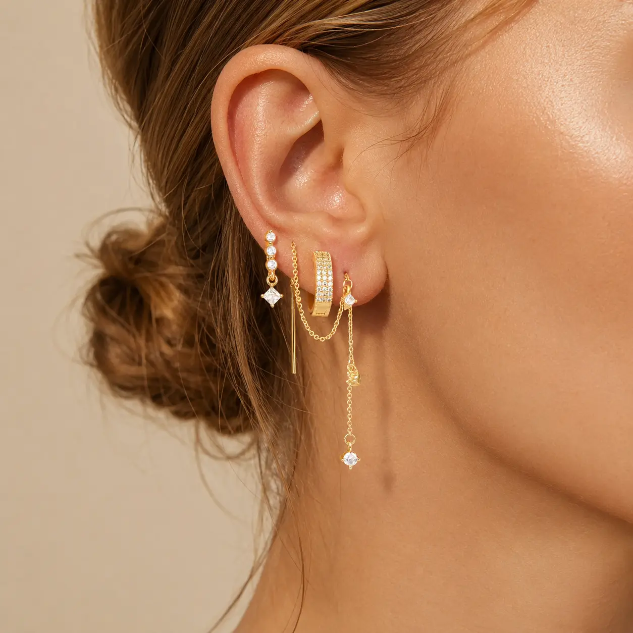 3 Pairs 14K Gold Plated Copper Earrings Set for Women, Huggie Hoop, Dangle Stud & Chain Threader Earrings, Layered Ear Stack Jewelry