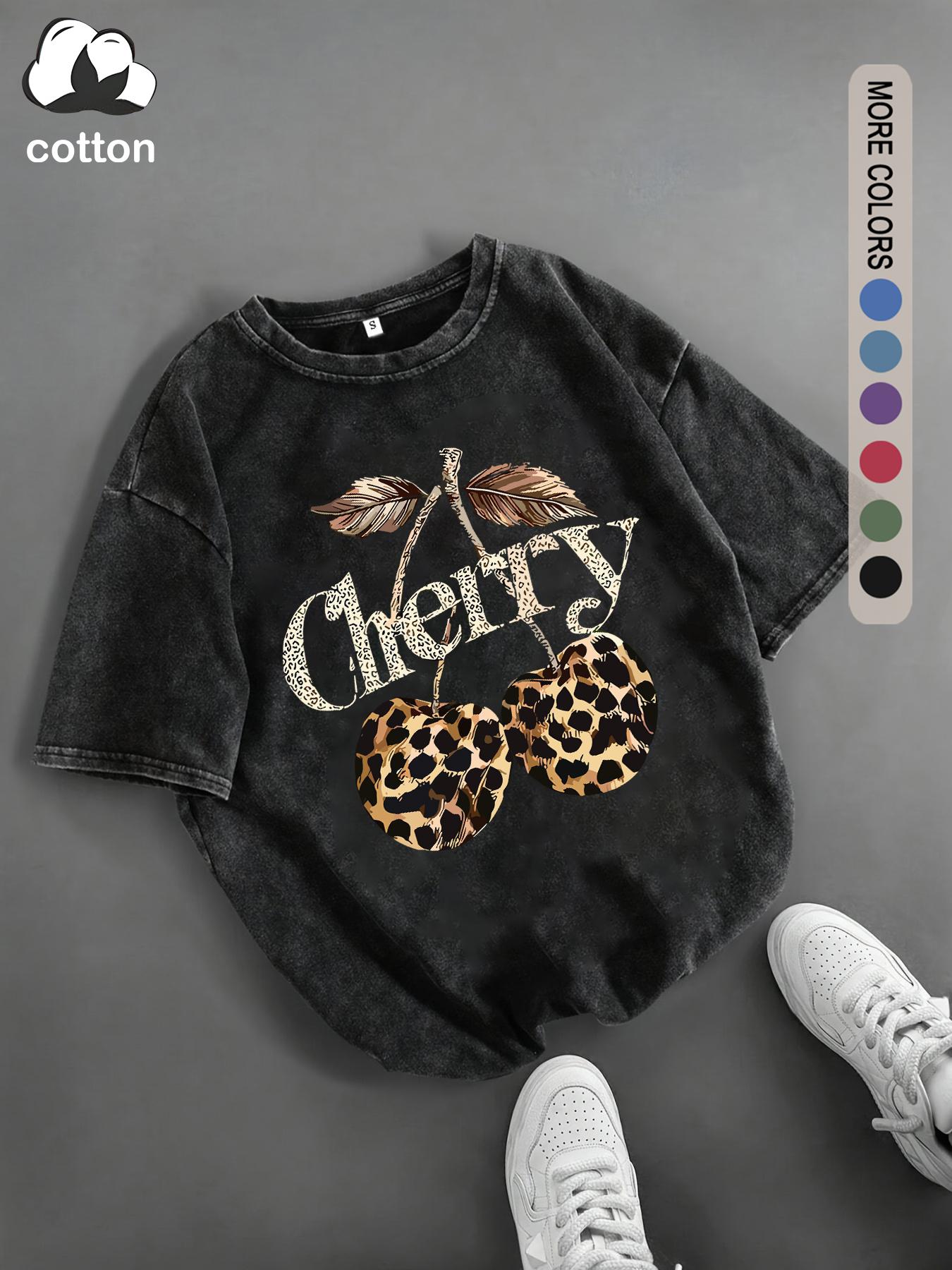 Women's Cherry & Leopard Print Round Neck Tee, Vintage Trendy Casual Short Sleeve T-shirt for Daily Wear, Ladies Summer, Top