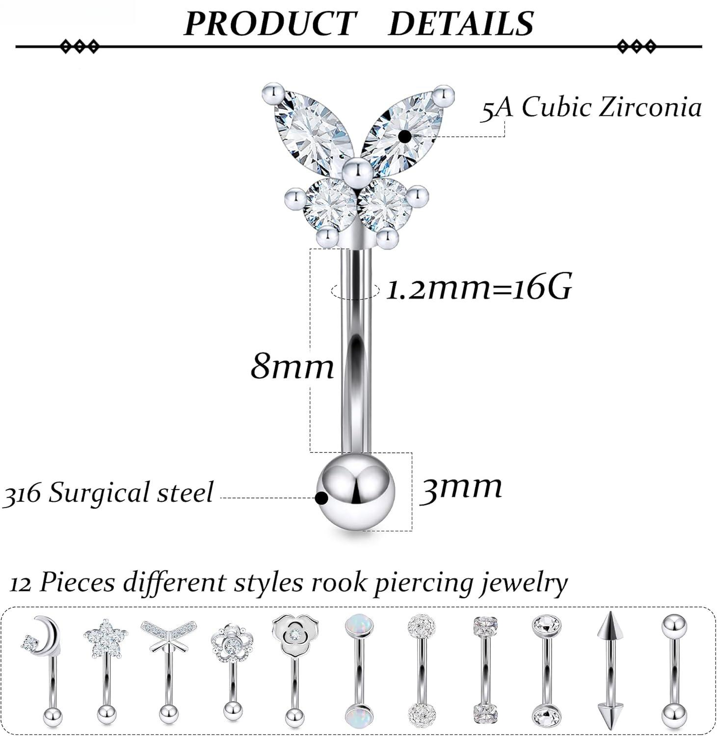 16G Curved & Straight Barbells for Eyebrow & Lip - 6MM, 8MM, 10MM Surgical Steel. Hypoallergenic Piercing Jewelry for Vertical Labret, Helix. Internally Threaded, for Men & Women