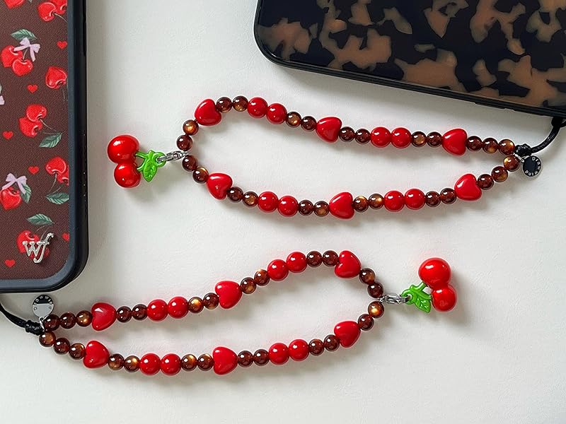 Phone Charm Beaded Wristlet Strap Universal Cell Phone Lanyard Cute Bracelet Wrist Strap Beaded Chain String Handmade Accessories for Case Camera Bags (Sweet Cherries)