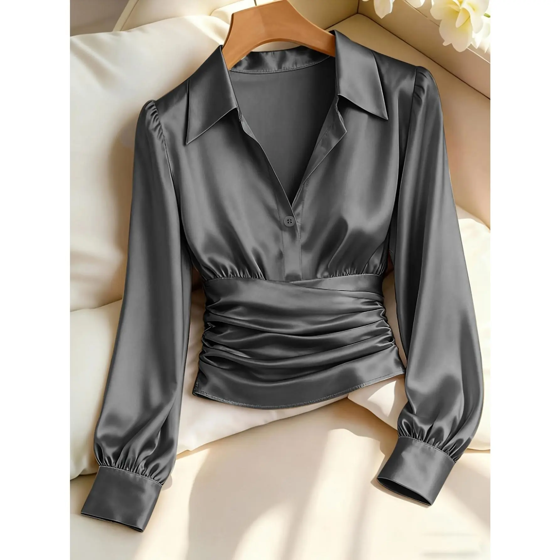 Women's Solid Color Simple Style Long Sleeve Slim-Fit Elegant Top - Suitable for Daily, Workplace, and Vacation Wear - Satin Shirt