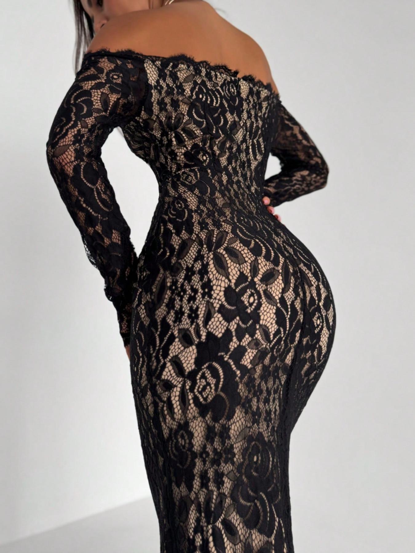 Women's New Sexy Lace Off-Shoulder Romantic Slimming Long Sleeve Mermaid Dress, Perfect for Dating and Parties, Elegant Evening Gown