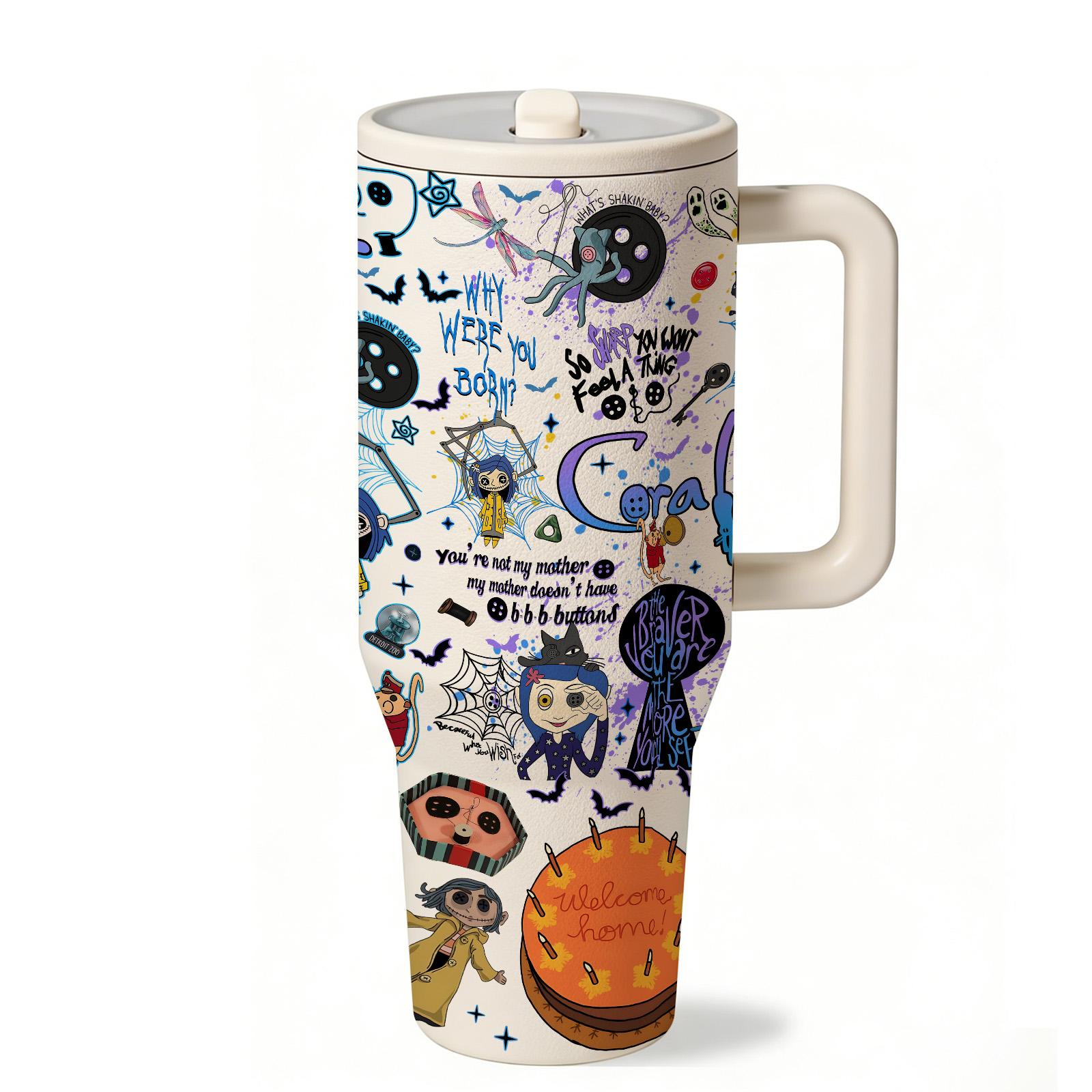 1pc 40oz Stainless Steel Tumbler with Lid & Straw, Coraline Dark Fantasy Style, Vacuum Insulated Thermal Cup, Keep Hot 12H / Cold 24H, Travel Mug, Insulated Water Bottle, Gift for Horror Aesthetic & Animation Enthusiasts