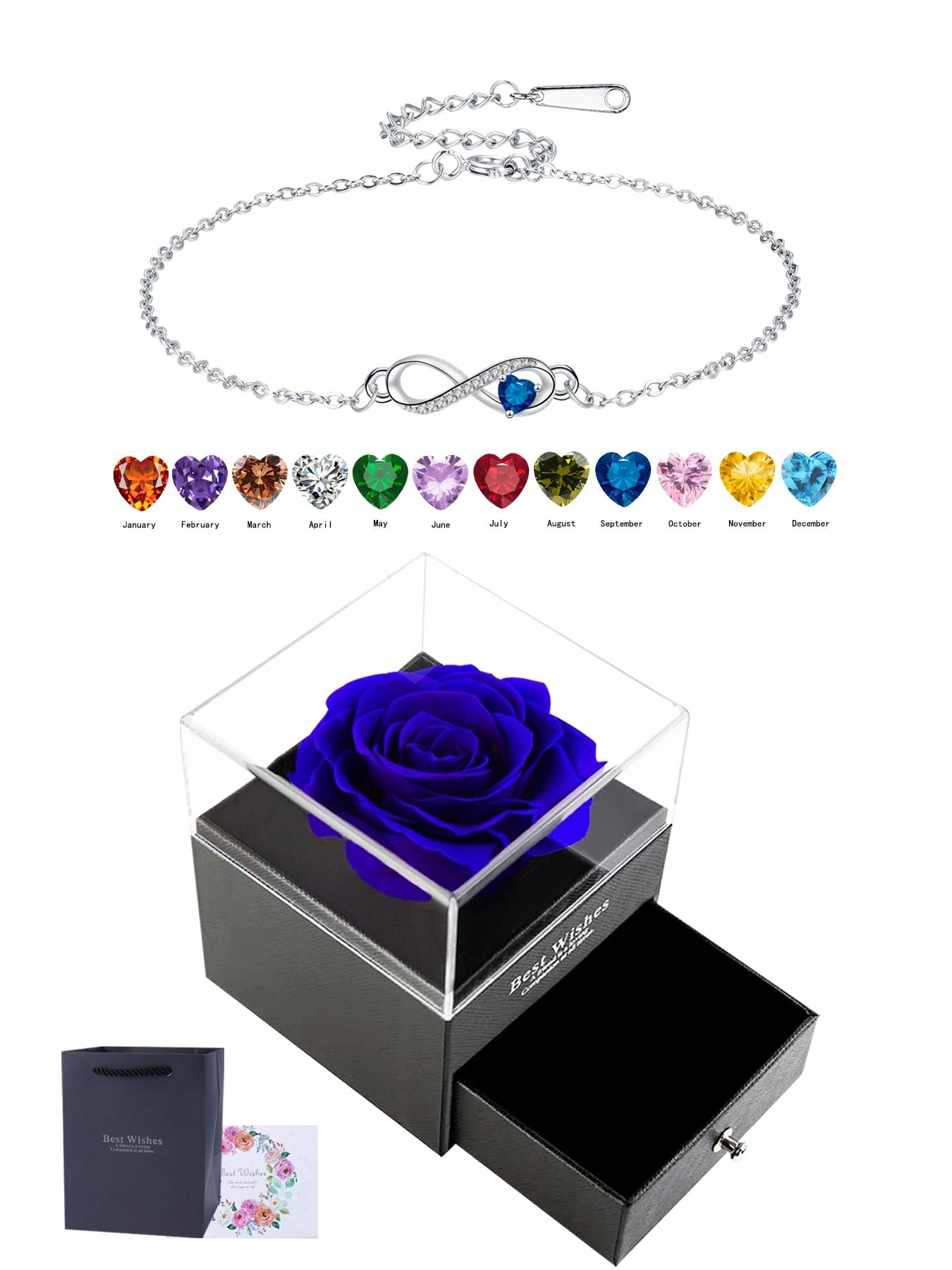 Heart CZ Birthstone Infinity Pendant Bracelets With Rose Jewelry Gift Box, Endless Love Symbol Bracelets for Women, Birthday Christmas Jewelry Gift for Wife Mom Daughter