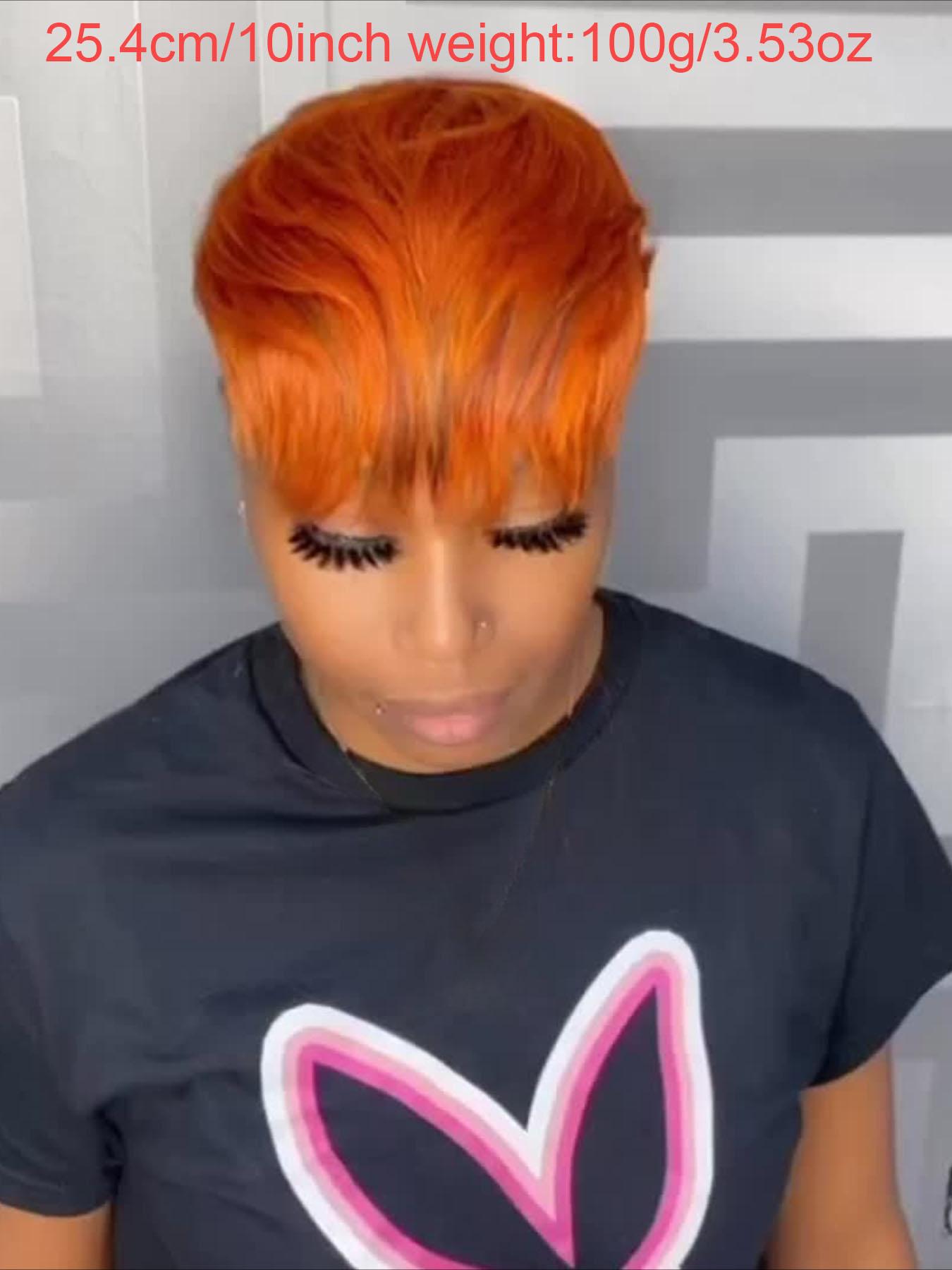 Ginger Orange Color Pixie Cut Wig Brazilian Wigs - Remy Human Hair Short Straight Wig with Bangs & Layers, 150% Density 10Inch Machine-Made Wig for Women, Daily Wear, Parties, Carnivals & Music Festivals