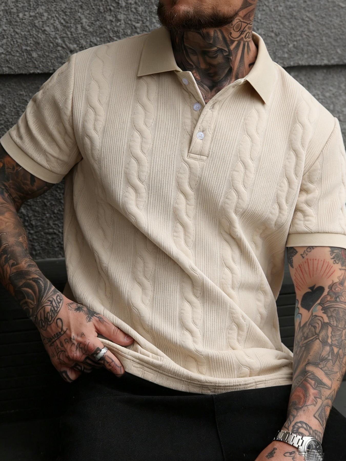 Men's Retro Colorblock Polo Shirt, Textured V Neck Short Sleeve Top, Casual Street Style, Summer Fashion, Fitted Leisurewear Men's Retro Colorblock Polo Shirt, Textured V Neck Short Sleeve Top, Casual Street Style, Summer Fashion, Fitted Leisurewear