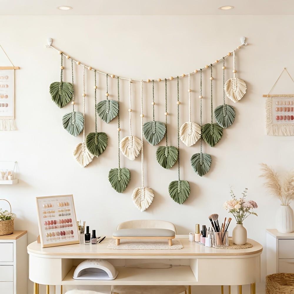 Bohemian Style Woven, Fashion Leaf Shape Hanging Tapestry, Handmade Fringe Beaded Ornament, Boho Wall Decor, Ideal for Living Room or Bedroom