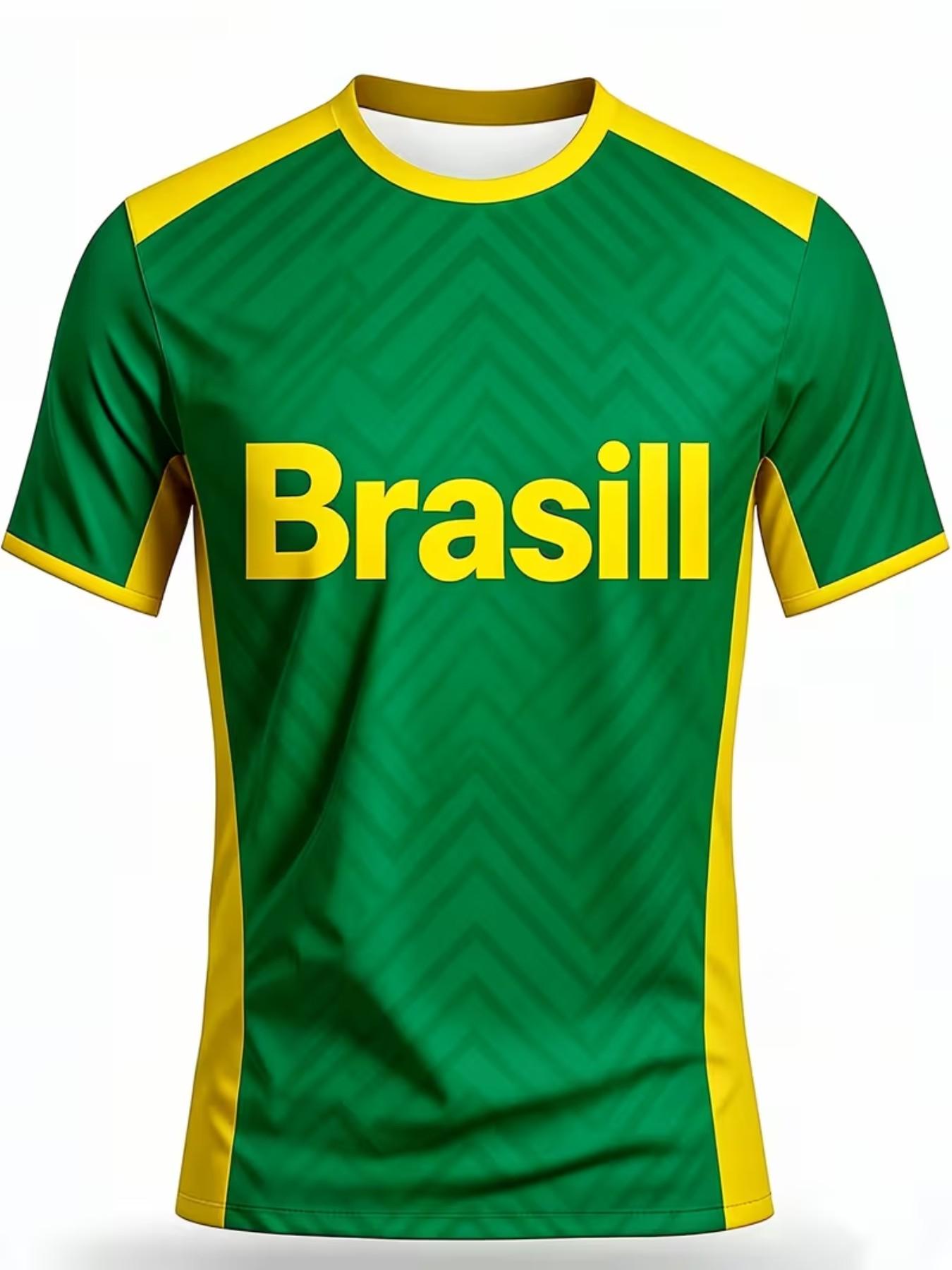 Men's Brazil National Football Team Jersey, Zigzag Wave Design, 'brasil' Text, Sporty Style, Suitable for Soccer Matches