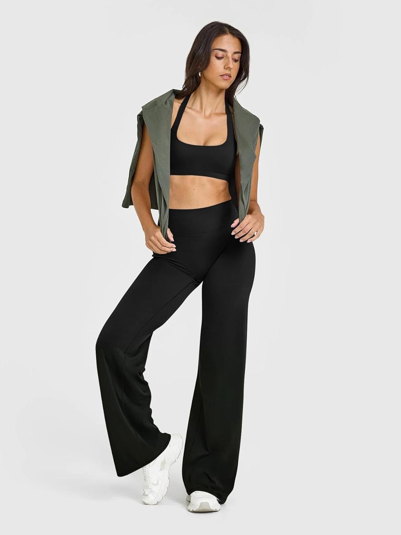 Women's Wide Straight Leg Leggings, High Waist High Stretch Tummy Control Butt Lifting Casual Trousers for Sports Yoga Gym Workout, Solid Color Ladies Sportswear for All Seasons, Fitness Tights