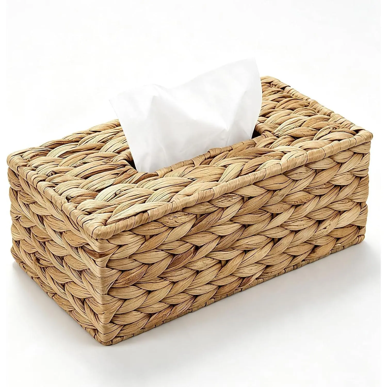Water Hyacinth Tissue Box Cover, Natural Wicker Woven Facial Tissue Holder, Napkin Box, Hand Woven Storage Box for Bathroom Living Room Toilet Desk Table Home Office Car