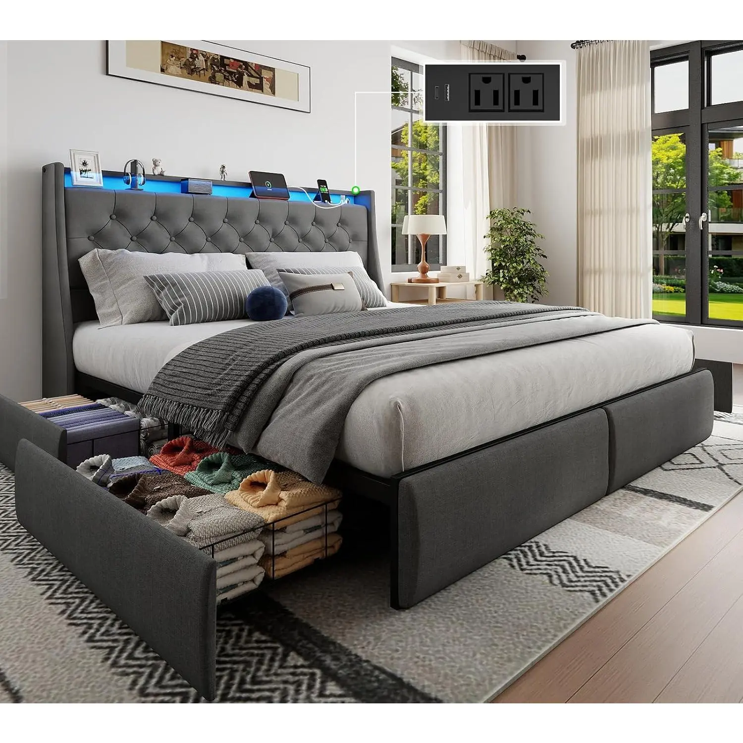 Queen Size Gray Upholstered Metal Platform Bed Frame with 4 Storage Drawers, LED-Lit Storage Headboard, Charging Station, Noise-Free Design, Easy Setup, No Box Spring Needed, Round Corners, Sturdy Metal Base (Queen Frame)