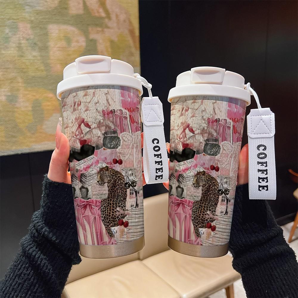 Abstract Leopard Print Coffee Cup, Portable Dual Drink Insulated Tumbler, Keeps Hot/cold, Boho Style, Ideal for Office, Travel, Sports