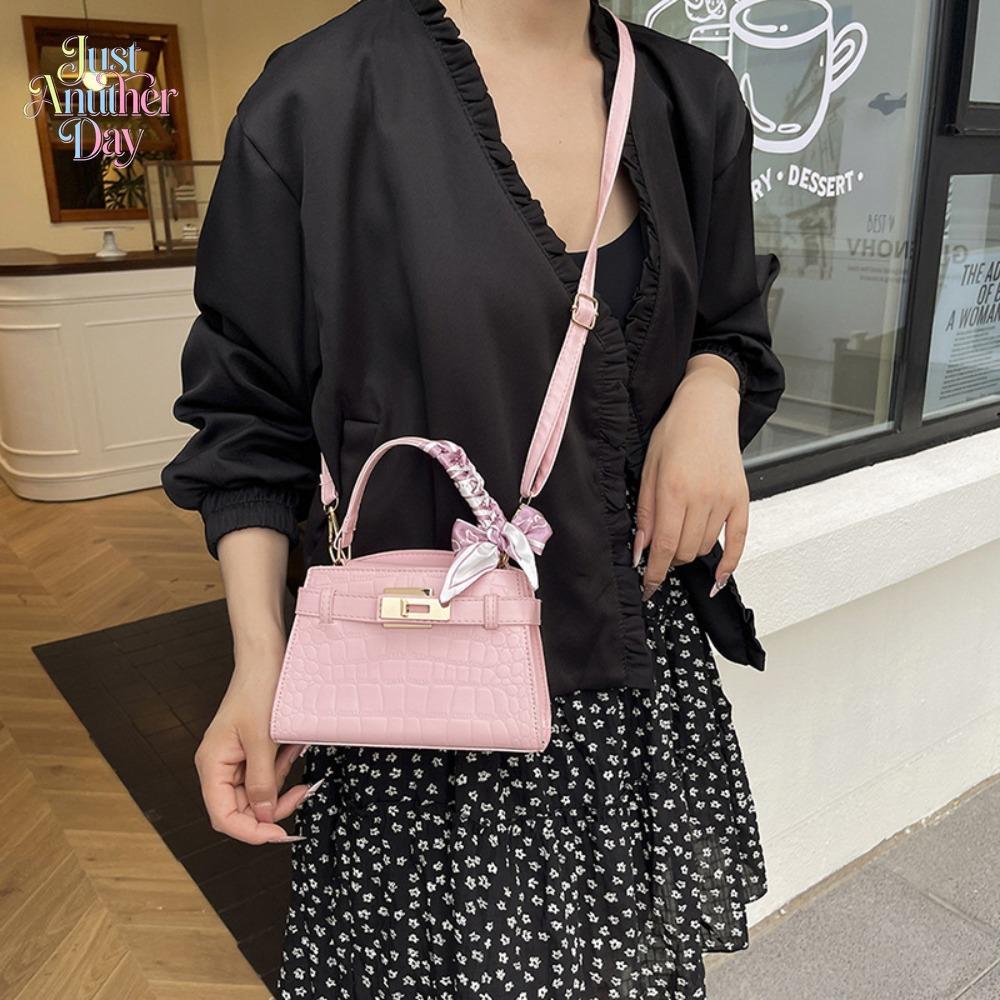 Pink Croc-Embossed Mini Kelly Style Handbag, Elegant French-Inspired Crossbody Bag with Twilly Scarf, Compact & Chic Satchel for Daily Commute