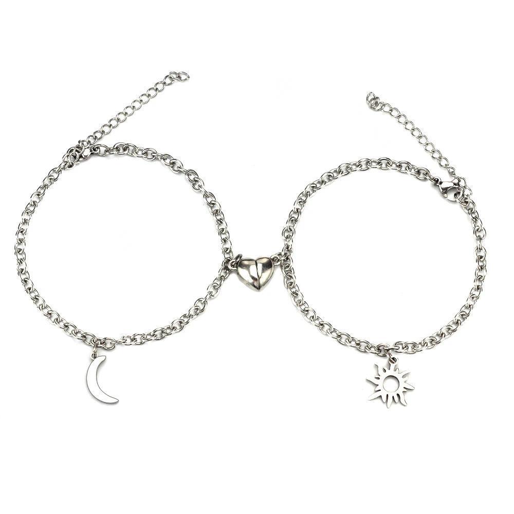 Unisex Charm Bracelets - 2Pcs Stainless Steel Sun Moon Charm Magnetic Link Jewelry, Valentine's Day Gifts, Everyday Use, Wholesale Fashion Accessories for Couples, Unisex Wear