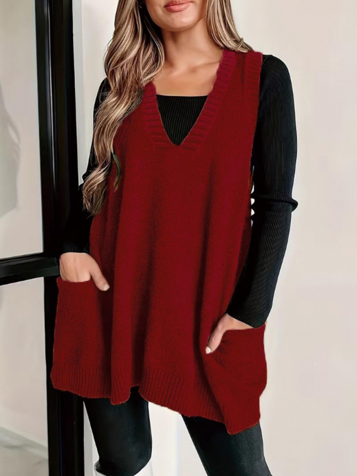 Plus Size Solid Color V Neck Sweater Vest, Casual Basic Sleeveless Knit Top for Daily Wear, Women's Plus Clothing Fit for All Seasons
