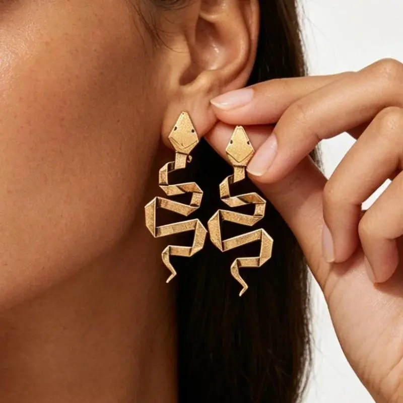 Weathered Look Geometric Snake Earrings Folded Serpent Dangle Vintage Texture Drop Punk Statement Jewelry Party Accessory