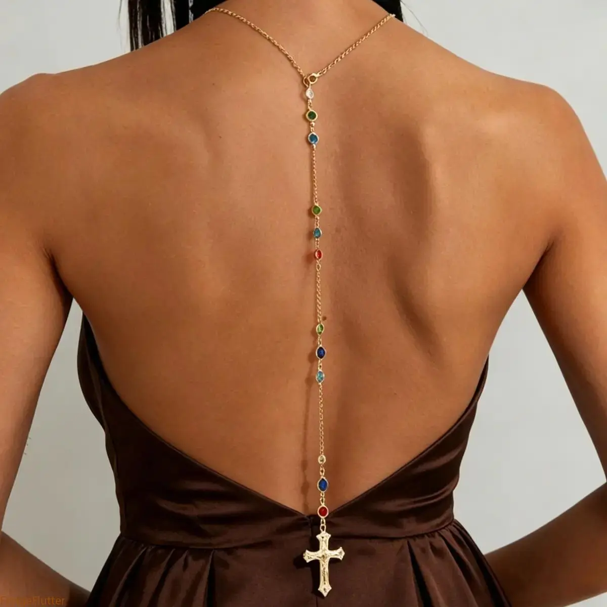 Women Gold Cross Back-Chain Necklace, Colorful Crystal Beaded Long Gold Chain, Minimal Jewelry for Backless Dresses Casual Summer Outfits