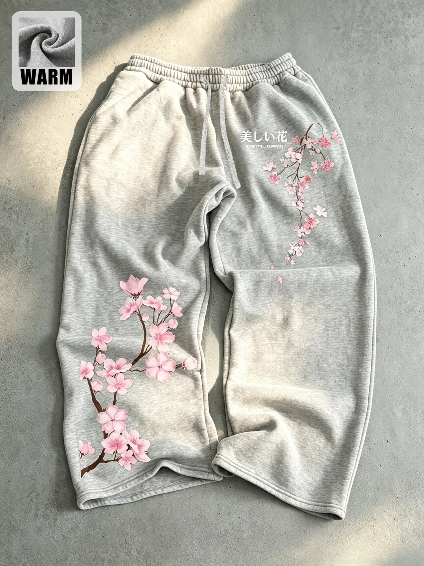 Men Women Fleece‑Lined Sakura Cherry Blossom Print Sweatpants, Japanese‑Style Loose Wide‑Leg Pants, Fall Winter Casual Daily Streetwear Loungewear Pants