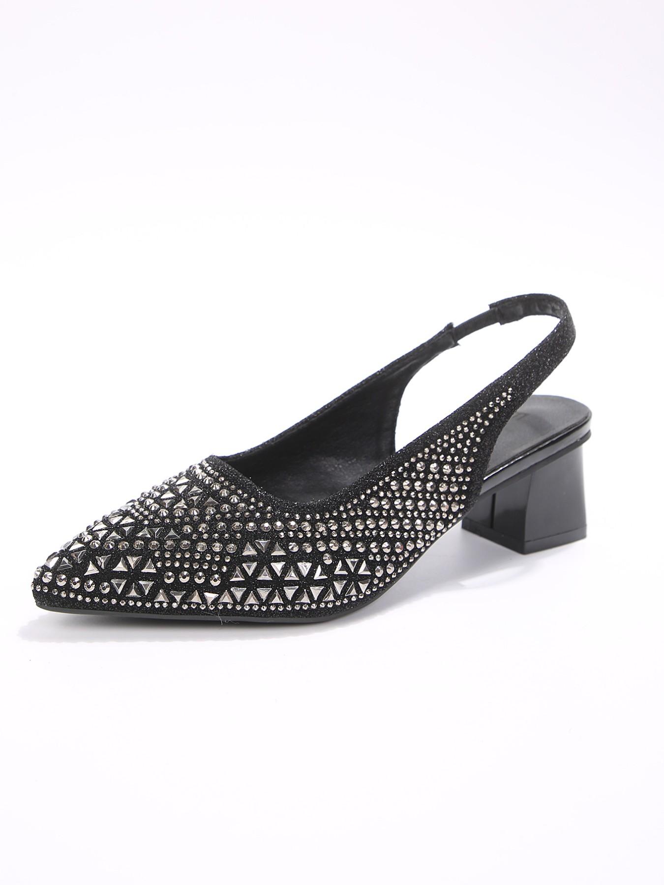 YYW1 Women's Pointed Toe Chunky Heel Slip-On Shoes, Textile Upper, TPR Sole, Elegant Comfortable Casual Wear & Party Footwear