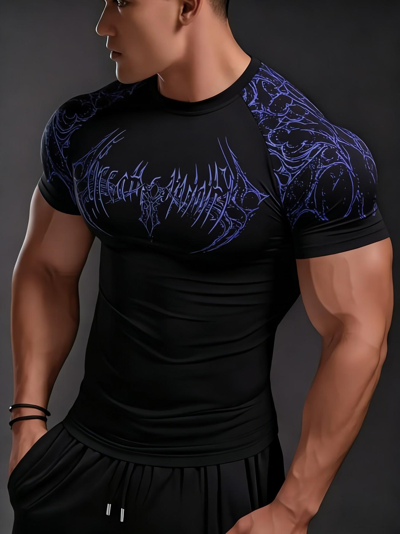 Men's High Elastic Quick-Dry Sports Short Sleeve Shirt, Geometric Print Gym Training Top, Casual Loose-Fitting Long Sleeve Tee