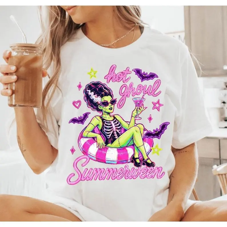 Hot Ghoul Summer Shirt, Spooky Halloween Girl In Floaty Tshirt, Summer Goth Summerween Tee, Funny Spooky Summer Gift