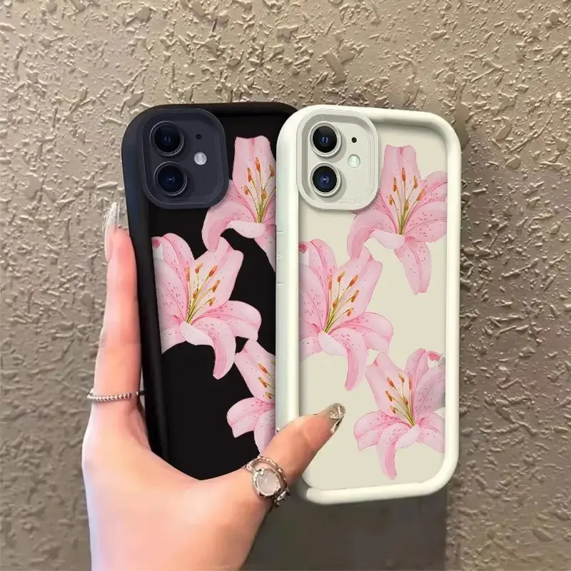 ROOJTN50A TPU Silicone Phone Case for iPhone 11, 12, 12 Mini - Unisex Users, Enhanced Protection, Shockproof, Drop-Resistant, Full Coverage, Splash-Proof, HD Print Durable iOS Accessory with Pastel Pink Lilies & Celestial Eye Layered Design