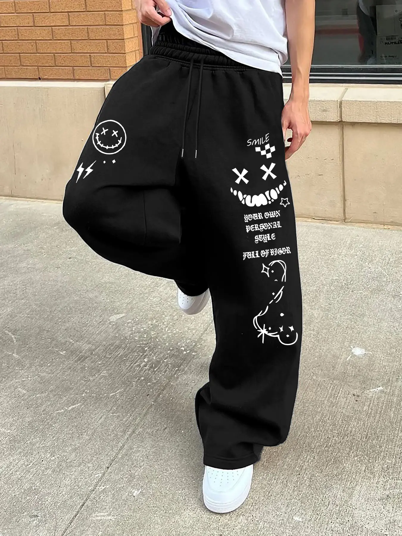 Men's Trendy Straight Leg Sweatpants, Drawstring Waist, Side Pattern Print, Comfortable Casual Wear for Fall & Winter