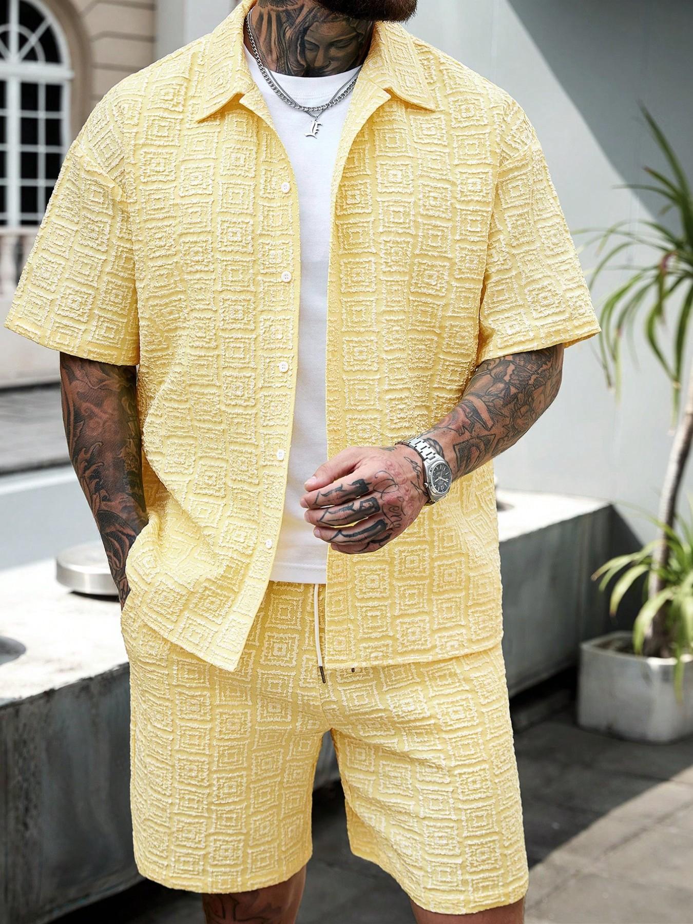 Men's Two-Piece Set Plain Short Sleeve Shirt and Shorts, Casual Button-Down Top and Shorts, for Summer Vacation and Beach