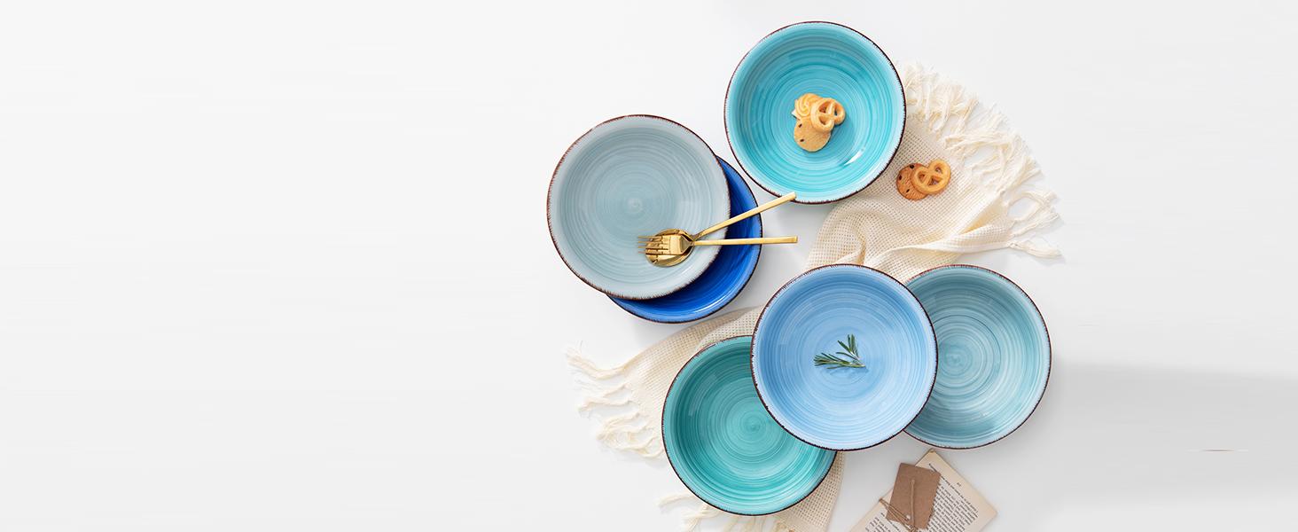 vancasso Stoneware Dinnerware Set Bonita Blue 18-Piece Service for 6, Handpainted Spirals Pattern Stoneware Combination Set with 10.6in Dinner Plate, 7.5in Dessert Plate and 21oz Soup Bowl