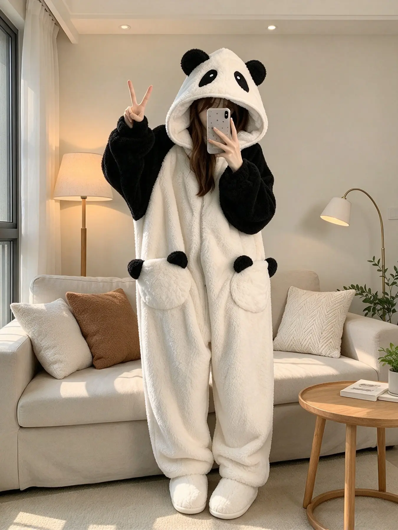 Women's Coral Fleece One-Piece Pajamas, Cute Panda Design, Thickened for Fall Winter, Christmas Halloween Home Wear, 2026 New Style